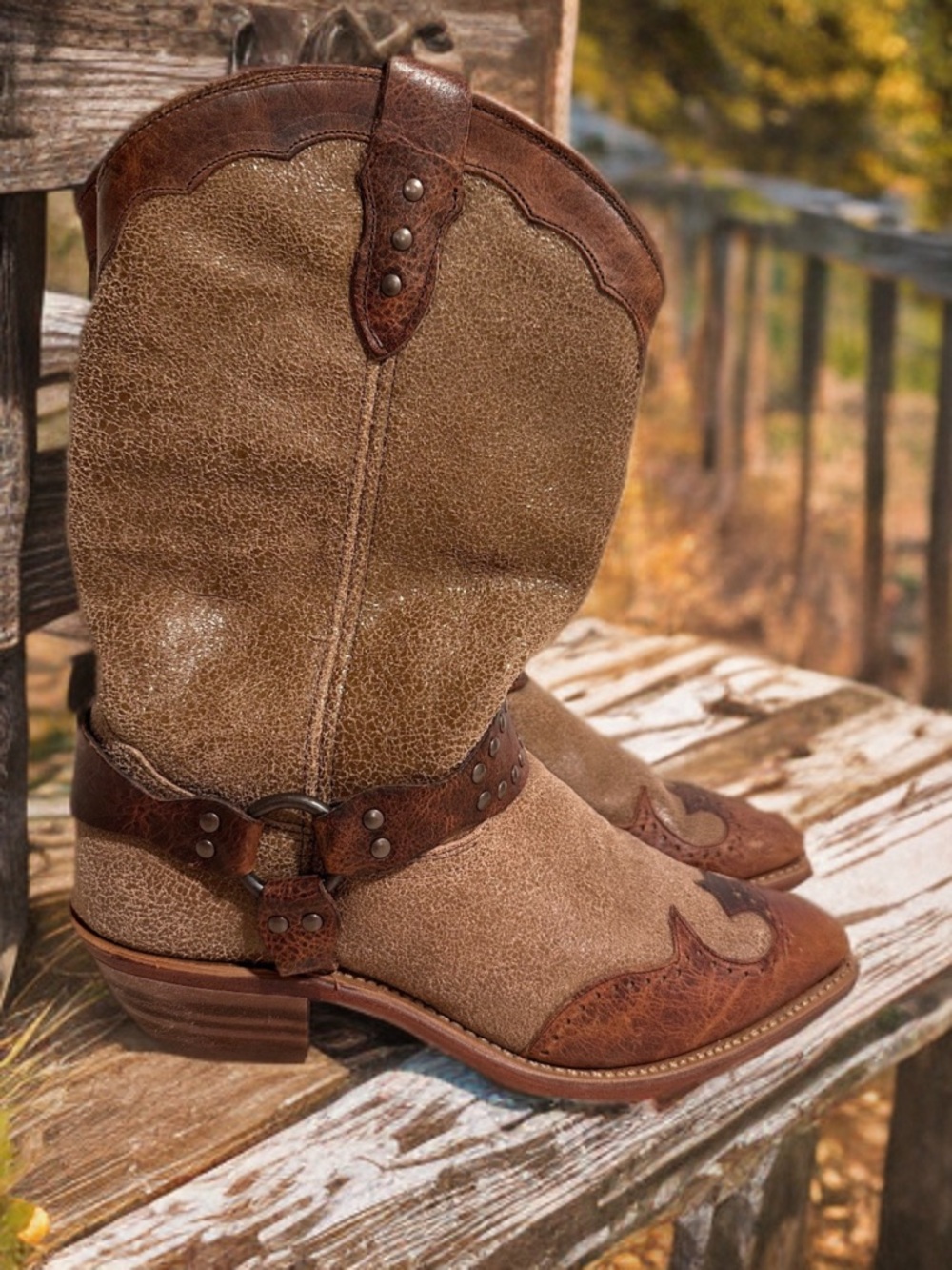 Abilene Brown Distressed Leather Studded Harness Western Boots Size 9 M